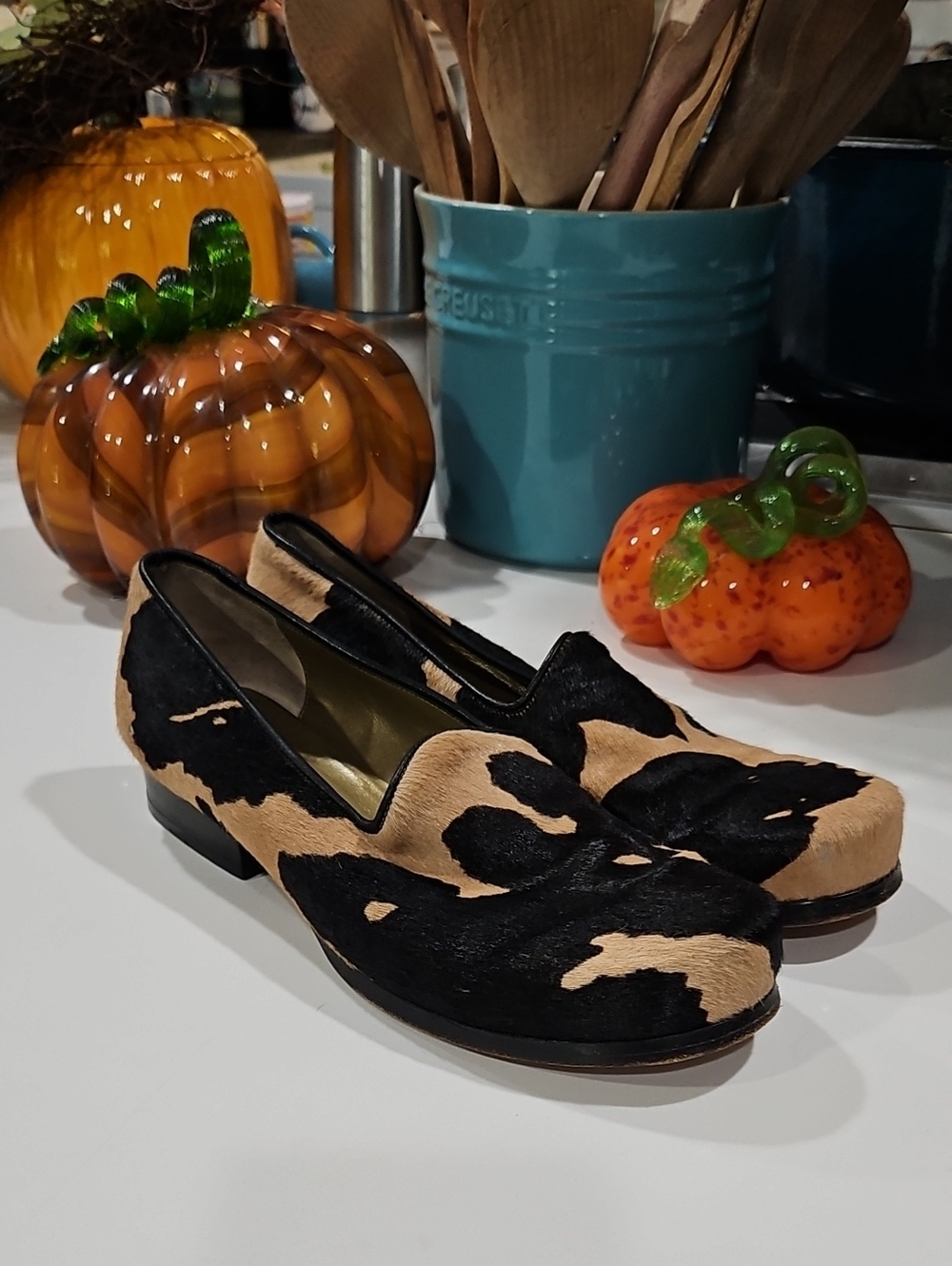 Yves Saint Laurent "Bonny" Black and Tan Cowhide-Pattern Slip-On Flats. 7M